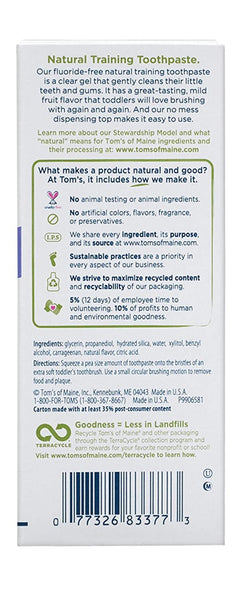 TOM'S OF MAINE - Fluoride Free Toddler Training Toothpaste Mild Fruit Gel - 1.75 oz. (49.6 ml)