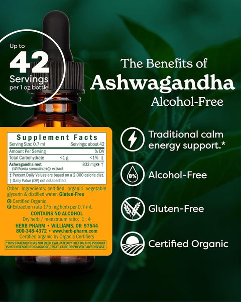 HERB PHARM - Ashwagandha, Alcohol-free - 1 fl oz (30 ml)