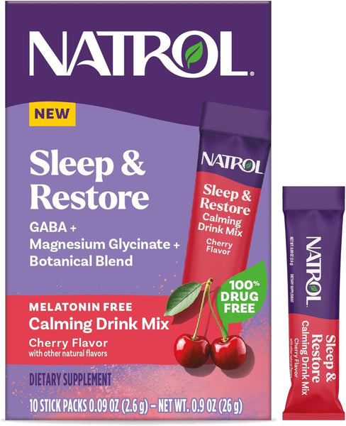NATROL - Sleep & Restore Melatonin Free Calming Drink Mix, Cherry - 10 Sticks