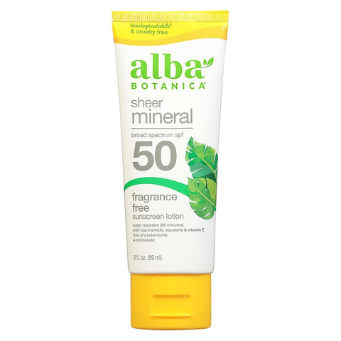 ALBA BOTANICA - Sheer Mineral Sunscreen Fragrance Free, SPF 50 - 3 fl oz. (89 ml)